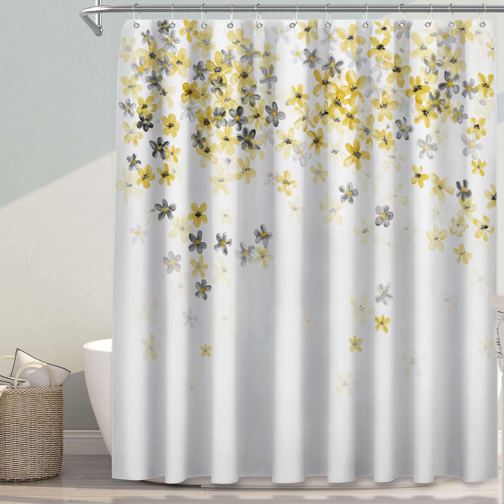 Cortinas cortas para ventana de flores de acuarela de 54 pulgadas de largo,  diseño simple con flores amarillas, bolsillo para barra, cortinas de