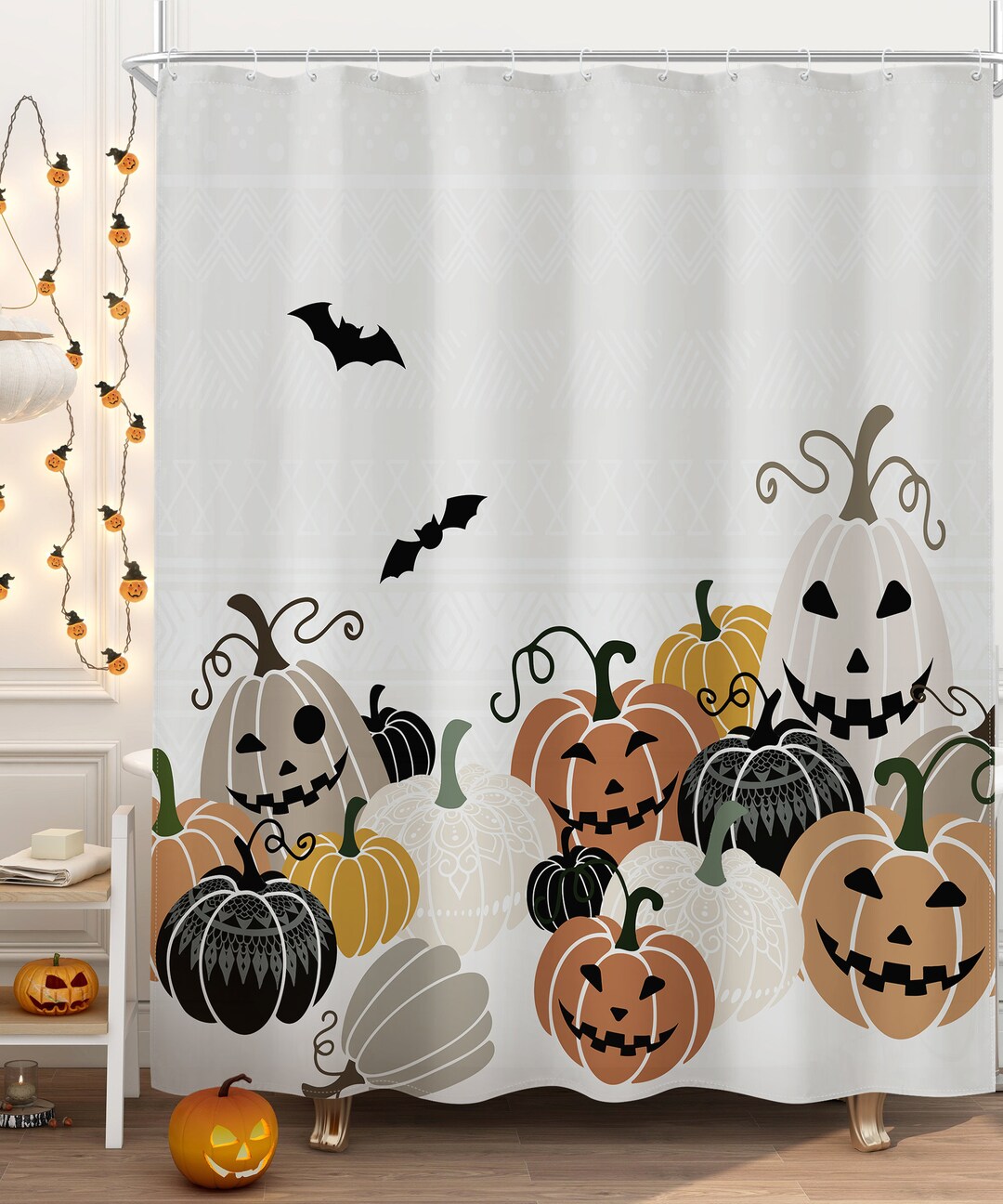 Halloween Shower Curtains Set Boho Pumpkin Stripe Totem Bat Horror ...