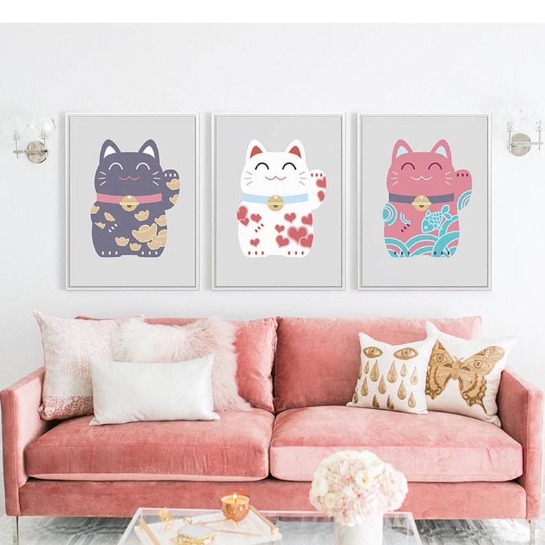 Sumgar Lucky Cat Wall Art Canvas Painting Black White Gold Etsy