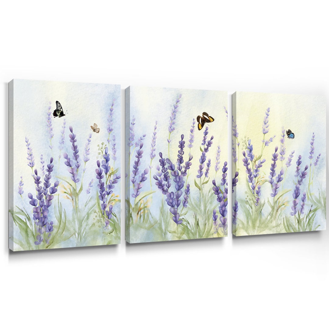Sumgar Purple Wall Art Lavender Decor Butterfly Pictures Blossom Flower Painting Framed