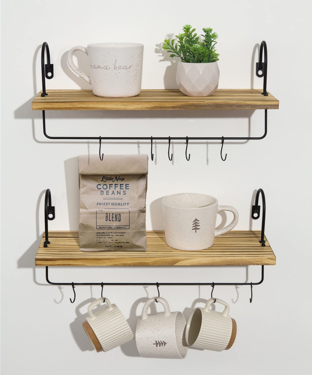 Farmhouse Coffee Mug Holder, Coffee Bar Shelf With Hooks Wall Mount Cup