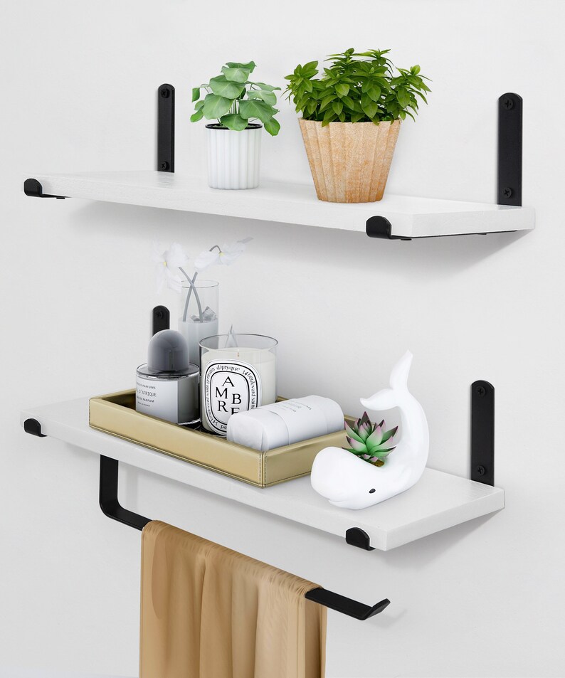 White Floating Shelves With Towel Holder Modern Wall Mounted Etsy