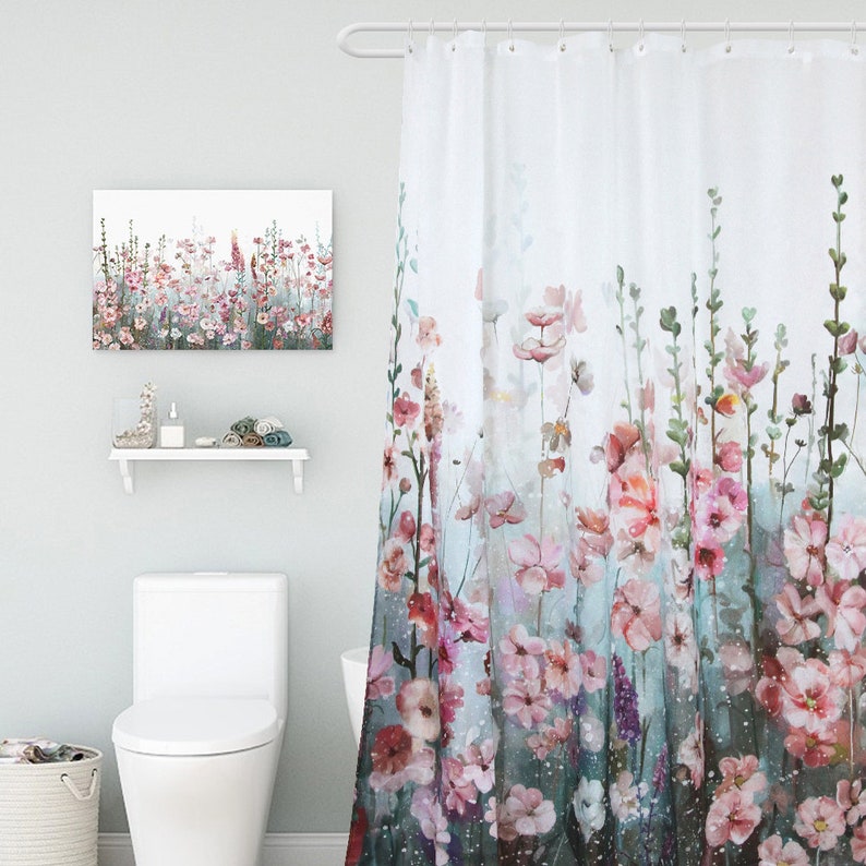 Pink Floral Fabric Shower Curtain Waterproof Bathroom Etsy