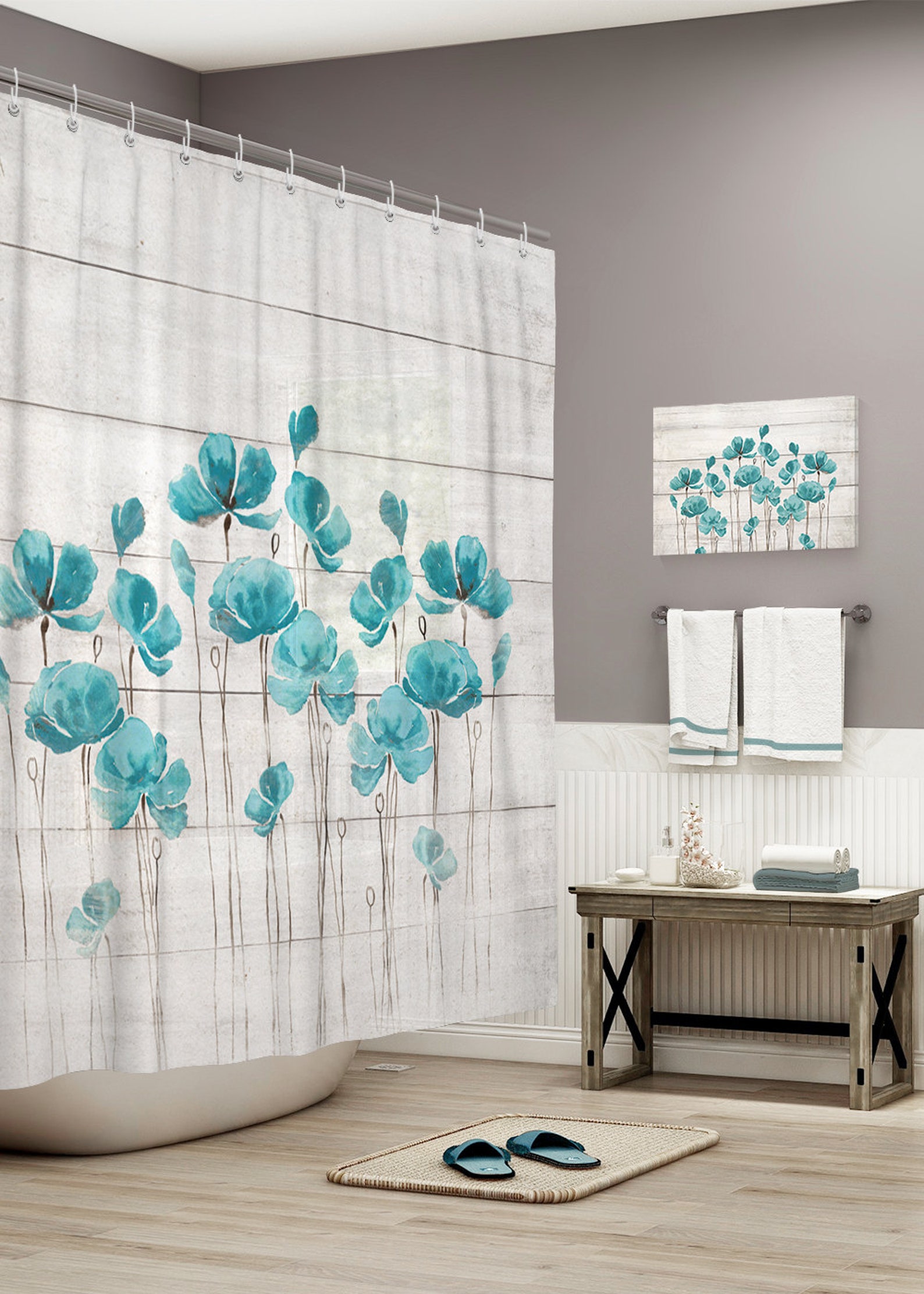 Teal Flower Fabric Shower Curtain Christmas Sping Funny Etsy