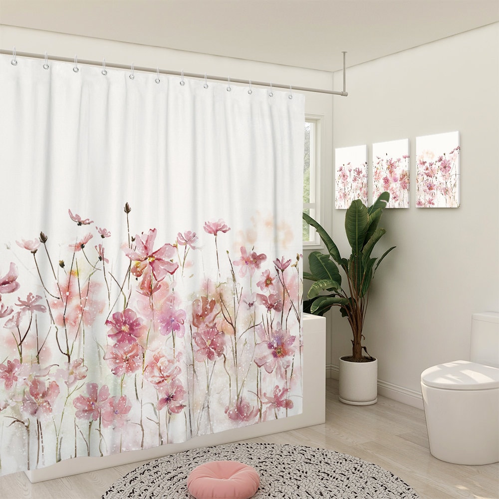 Sumgar Pink Floral Fabric Shower Curtain Spring Farmhouse Etsy