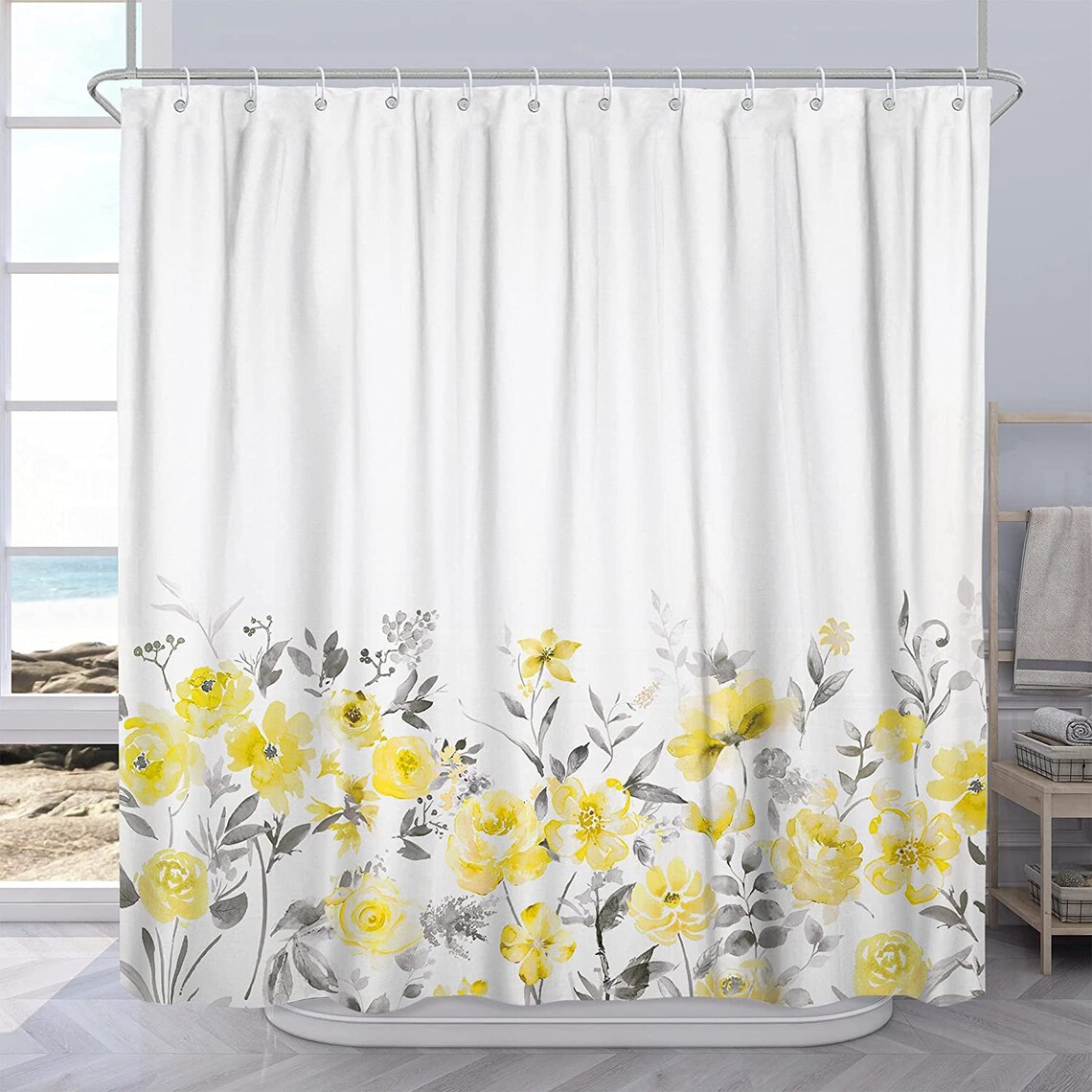 Rustic Shower Curtain for Bathroom Yellow Gray Leave Print Etsy