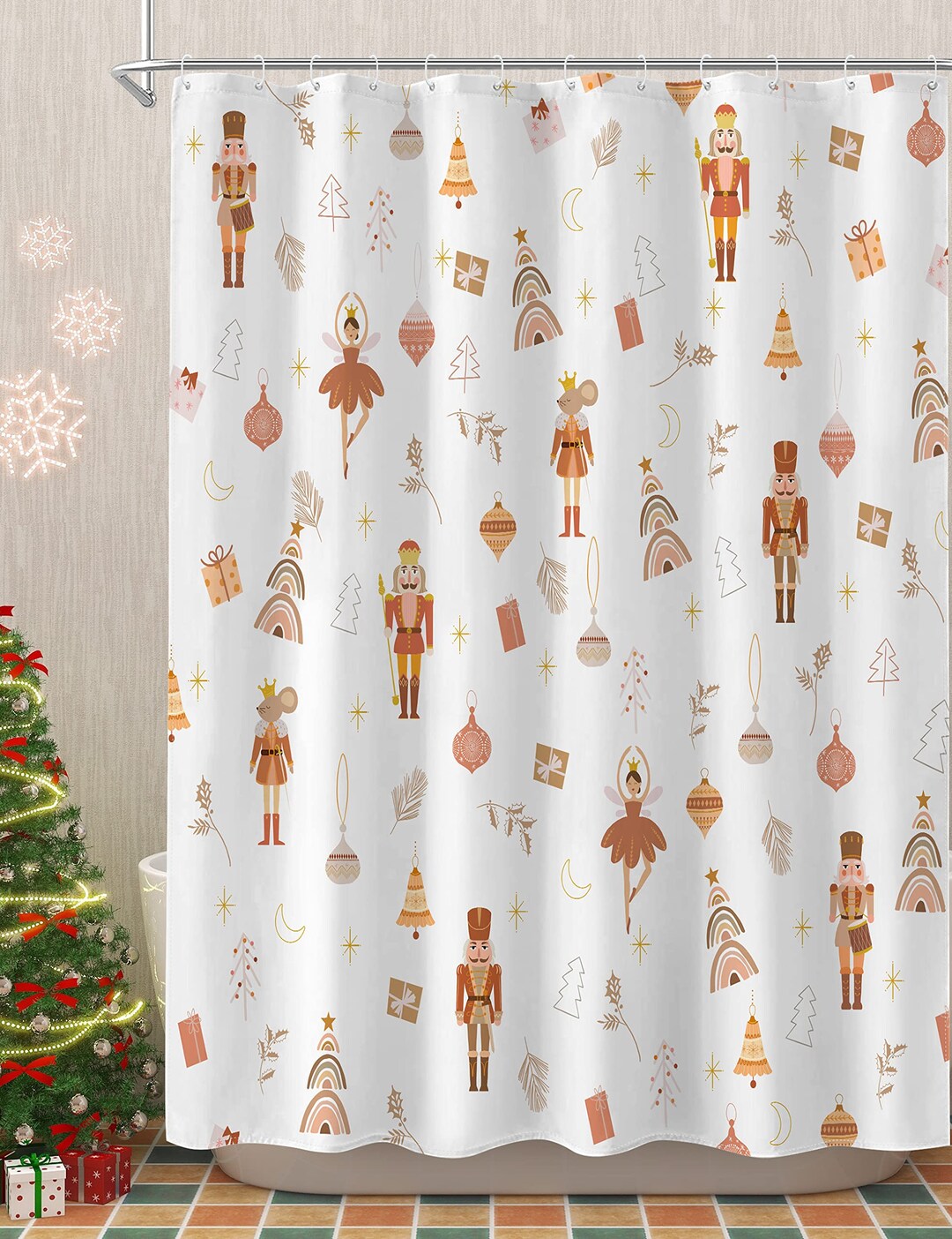 SUMGAR Christmas Shower Curtain Nutcracker Orange Boho Holiday Shower
