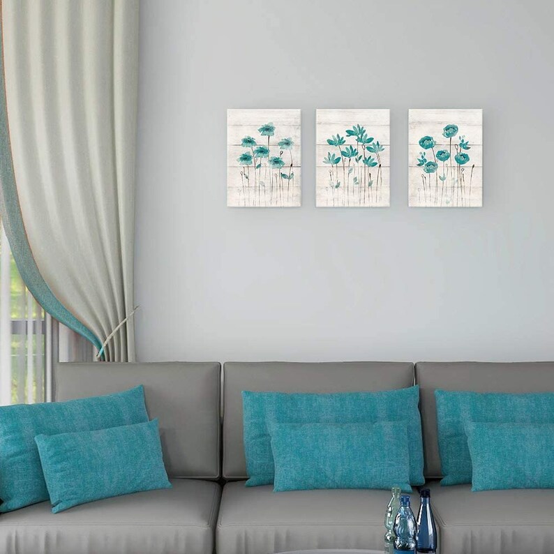 Sumgar Teal Flower Framed Wall Art Set of 3 Botanical Canvas Etsy