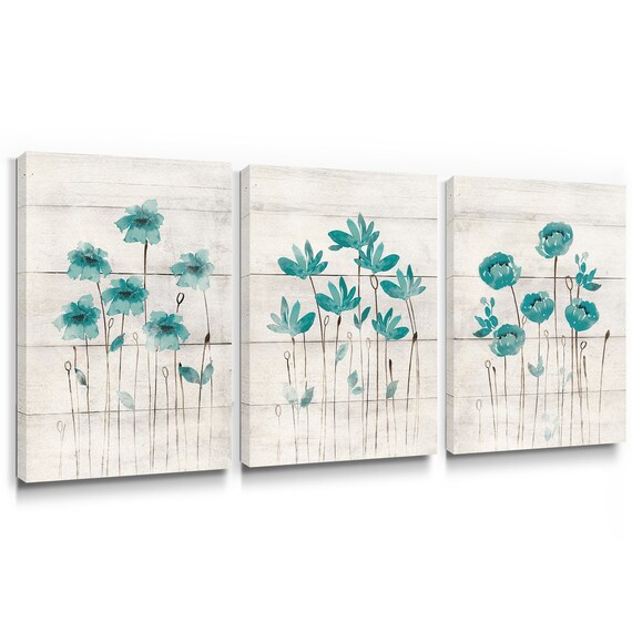Teal Flower Framed Wall Art Set of 3 Botanical Canvas Etsy