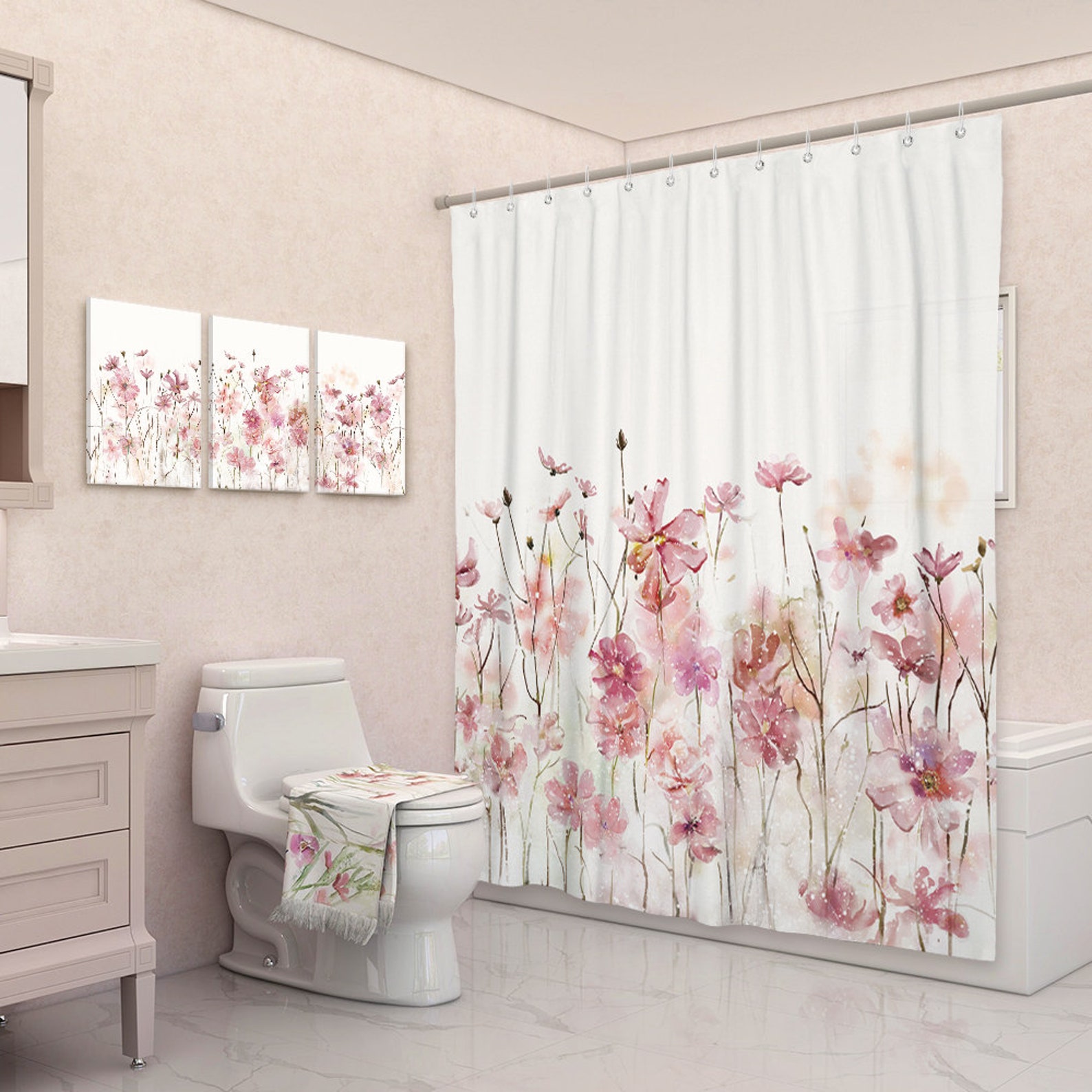 Sumgar Pink Floral Fabric Shower Curtain Spring Farmhouse Etsy