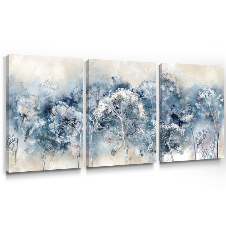 Teal Flower Framed Wall Art Set of 3 Botanical Canvas Etsy