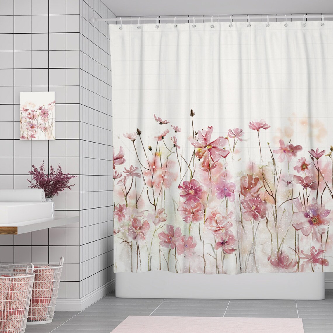Sumgar Pink Floral Fabric Shower Curtain Spring Farmhouse Etsy