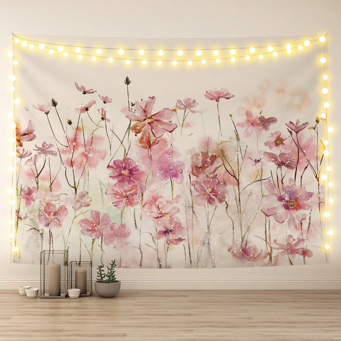 Pink Floral Tapestry Wall Hanging for Bedroom Aesthetic Etsy
