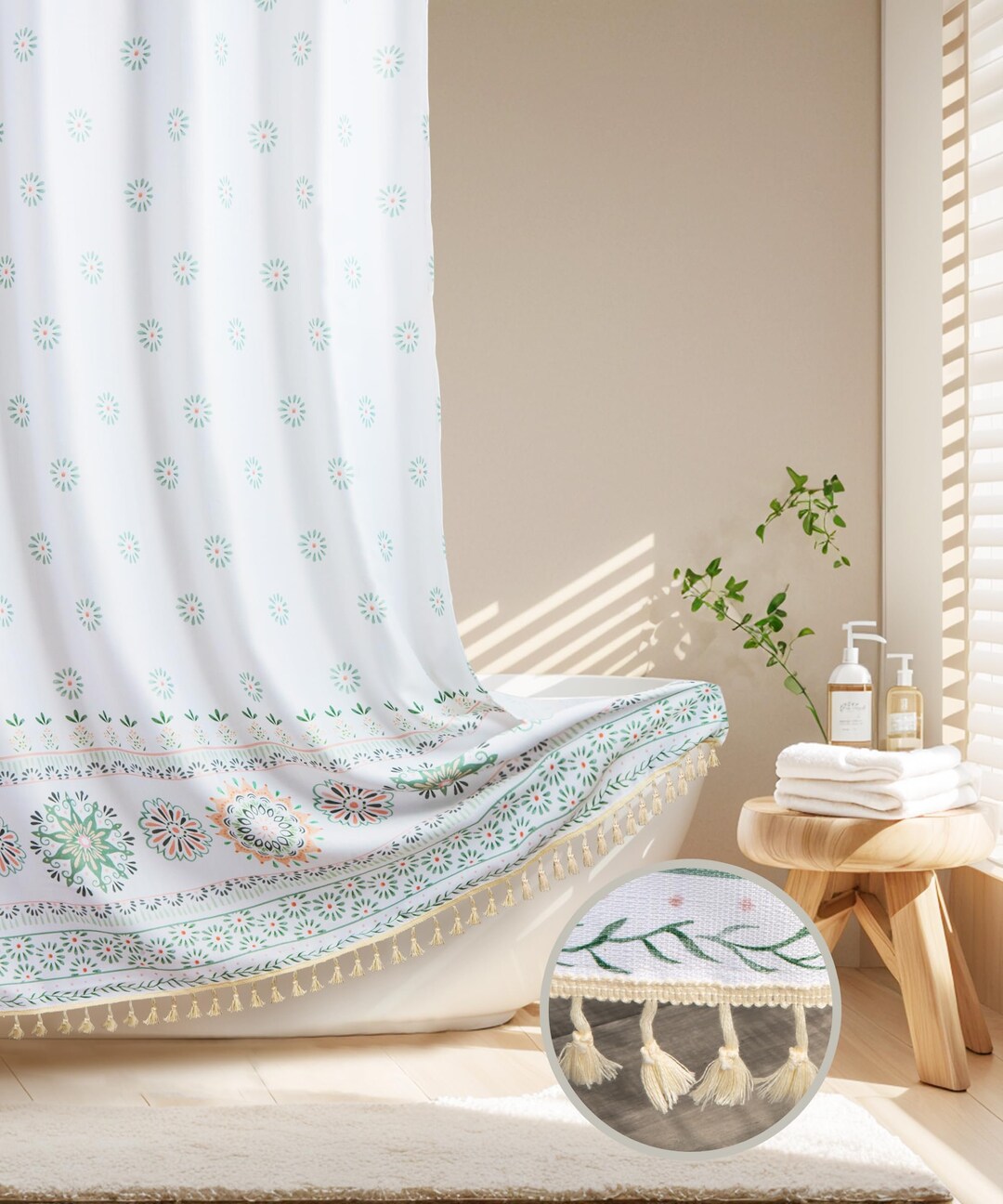 Sumgar Green/blue Boho Shower Curtain for Bathroom With Tassel, Bohemia ...