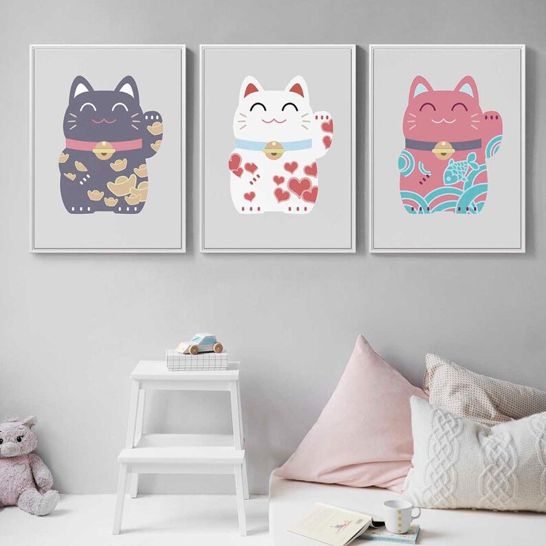 Sumgar Lucky Cat Wall Art Canvas Painting Black White Gold Etsy