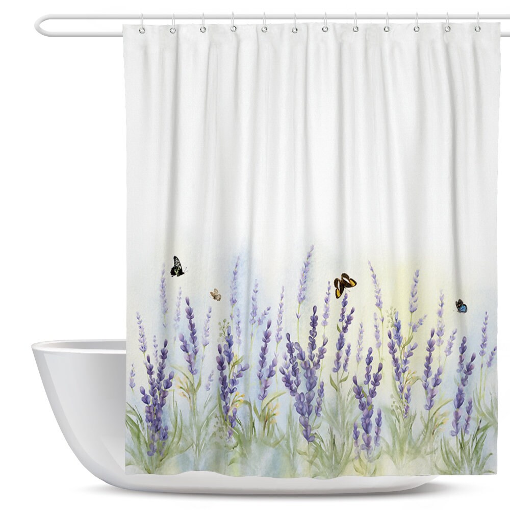 Purple Floral Shower Curtain Waterproof Lavender Bathroom Etsy