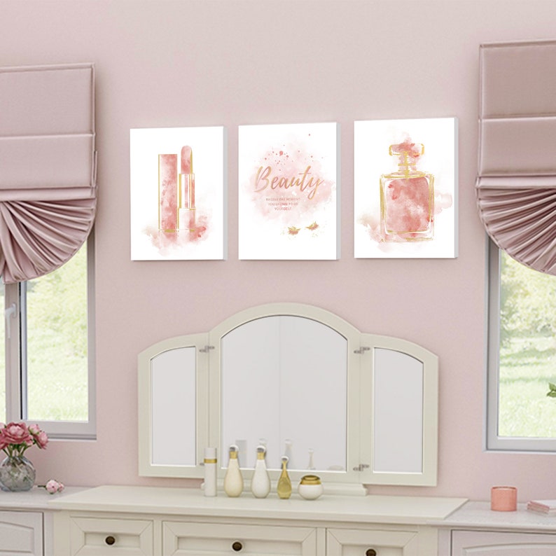 Beauty Wall Art PrintsPink Gold Girly Bedroom Framed Wall Etsy