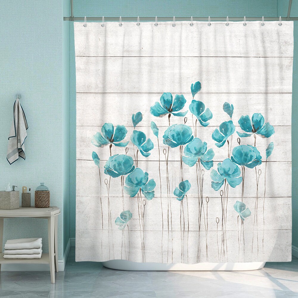 Sumgar Teal Flower Fabric Shower Curtain Sping Funny Floral Etsy