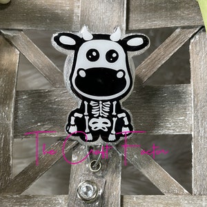 Skeleton Cow Badge Reel: Halloween Nurse ID Holder