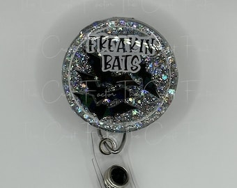 Halloween Shaker Badge Reel: Iridescent Bats & Moon