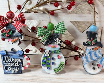 Handmade Wooden Snowman Ornament, Scarf and Mug Decor