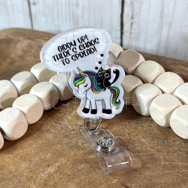 Unicorn Black Cat Badge Reel: Funny Chaos Swivel Alligator Clasp