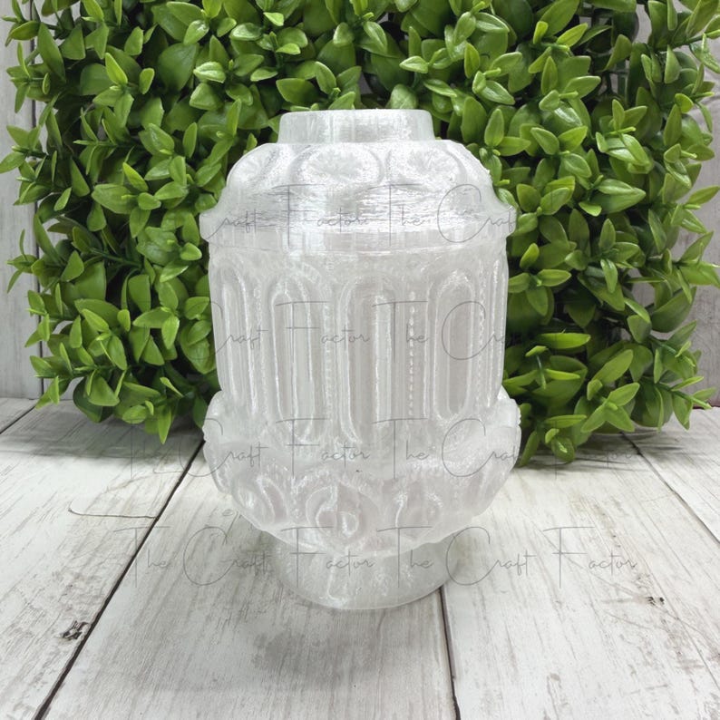 May include: A white, decorative jar with a detailed, textured design. The jar has a bulbous base and a cylindrical body with vertical, arched patterns. The top of the jar is also textured. The background features green foliage and a light-colored wooden surface.