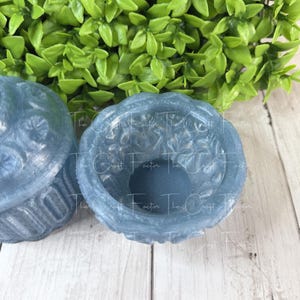 May include: Close-up of several light blue resin containers with floral designs. The containers have a textured, translucent appearance. The background includes green foliage and a light-colored wooden surface. The containers are likely for small items or decorative use.