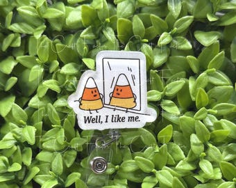 Candy corn funny Halloween badge reel, I like me