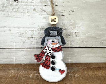 Handmade Handpainted Snowman Ornament: Laser Cut Wood