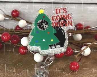 Funny Christmas Cat Badge Reel, Swivel Alligator Clip