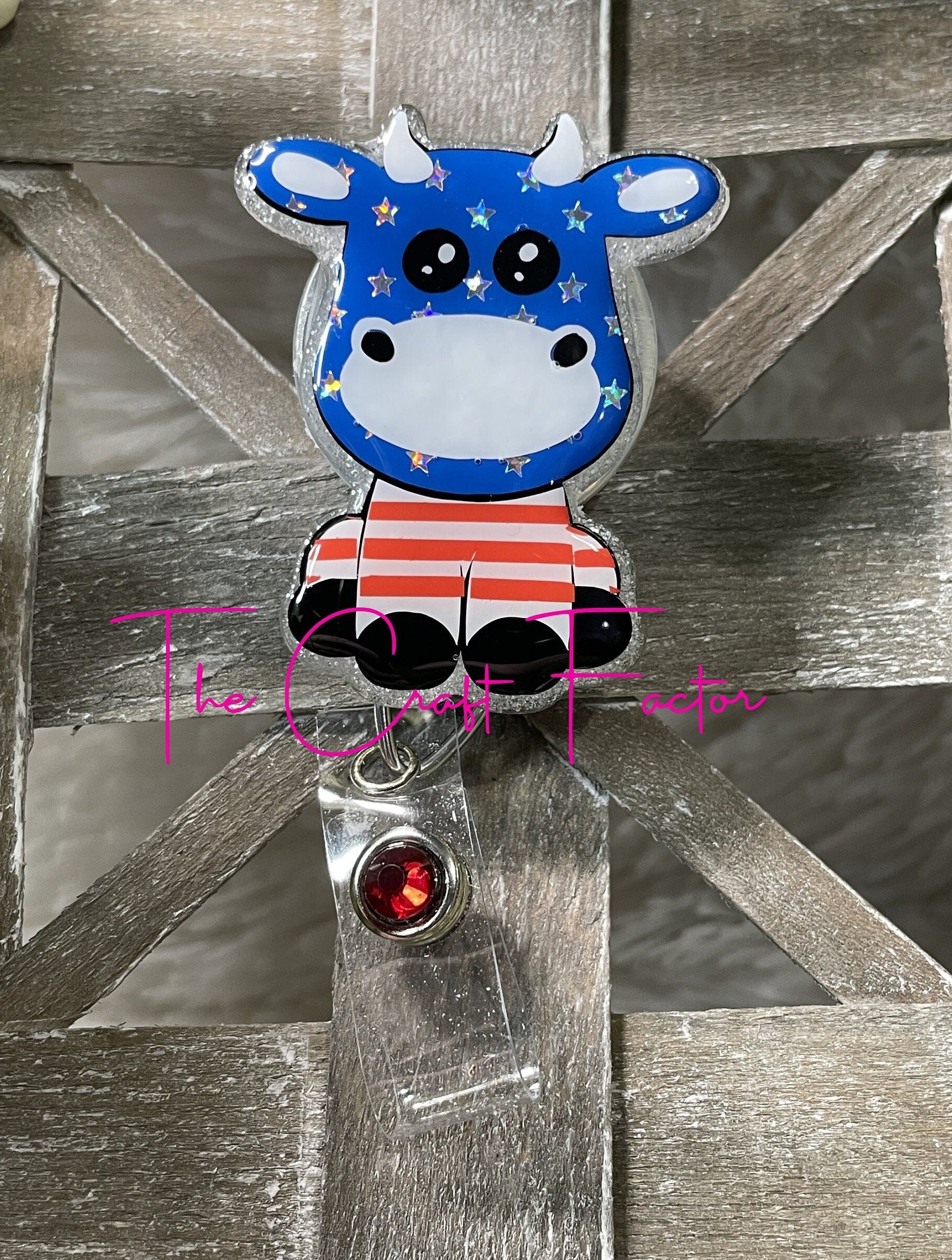 Cow Badge Reel, July 4th Badge Reel, Cute Cow Badge Reel, Flag Striped Cow  Badge Reel, Stars and Stripes Badge Reel 