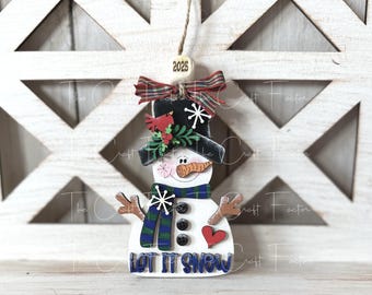 Hand Painted Snowman Christmas Ornament: Birch Wood with Cardinal