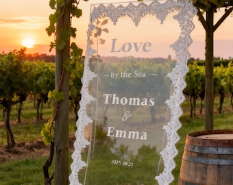 Personalized Names Date Sheer Tulle Wedding Welcome Sign: Lace Edge, Modern Romantic Banner Wedding Accessories, Custom Length