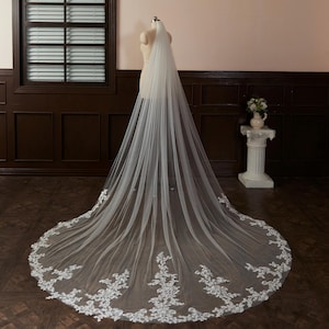 Lace Wedding Veil, Vintage Floral Veil, Cathedral Wedding Veil, Lace Veil, Flowery Tulle Bridal Veil, Chapel Embroidery Veil, Custom Veil