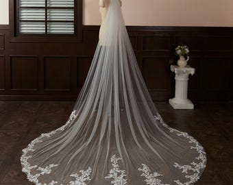 May include: A long white tulle wedding veil with a delicate lace trim. The veil is floor-length and has a cathedral shape.