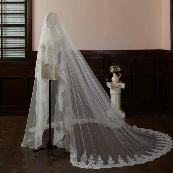 Cathedral Sequins Rose Lace Veil, Drop Wedding Veil, 2 Tiers Blusher Veil,  Full Lace Edge Wedding Veil, Embroidery Veil, Face-Covered Veil