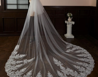Cathedral Lace Veil, Chapel Wedding Veil, Vintage 2 Tiers Veil,  Blusher Wedding Veil, Embroidery Veil, Double Layer Cathedral Bridal Veil