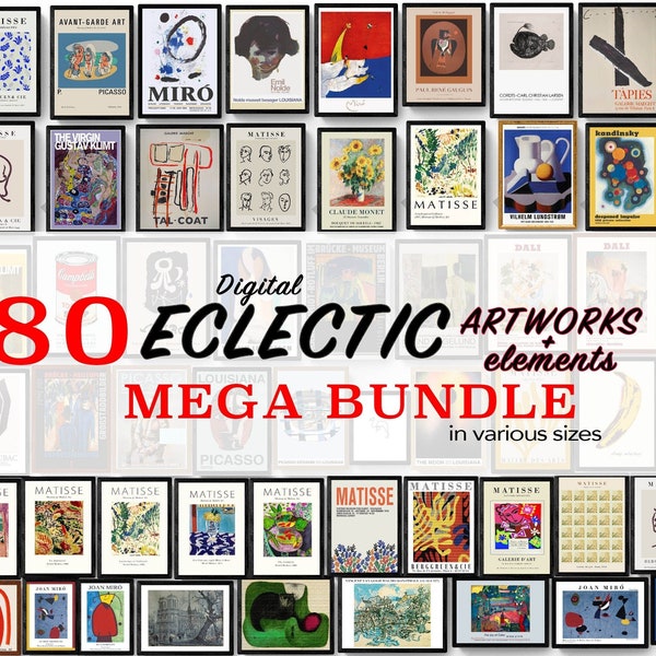 MEGA BUNDLE - Printable Eclectic Gallery Wall / Set of 80 -  Colorful Gallery Collage, Landscape and Vertical Arts + Elements