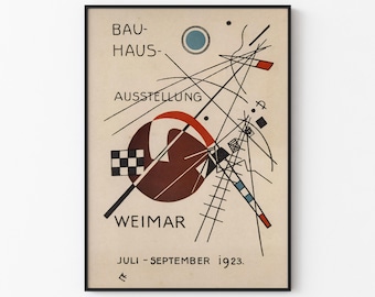 May include: A black and white poster with geometric shapes and lines in red, blue, and black. The text on the poster reads "Bau-Haus Ausstellung Weimar Juli - September 1923."