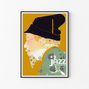 Op de afbeelding: Een poster met een gele achtergrond waarop een profielportret van een persoon met een zwarte hoed te zien is. De persoon heeft een baard en kijkt naar links. De tekst "JAZZ" staat in witte letters onderaan de poster.