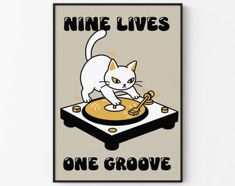 Retro Cat DJ Art Print – Mid-Century Modern Music Decor
