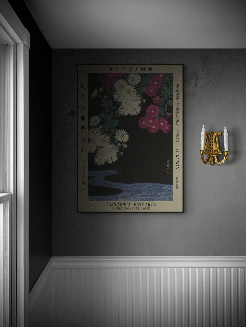May include: A vintage Japanese woodblock print of chrysanthemums in shades of pink and white, with a blue stream flowing through the center. The print is titled "Japanese Woodblock Prints O. Koson (1877-1945)" and is from the gallery "Cassipoeia Fine Arts 215 Thompson St New York."