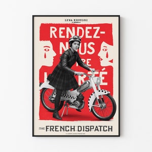 May include: A red and white poster with the text "The French Dispatch" and a black and white image of a woman riding a moped. The text "Rendez-nous l'arté" is in large red letters on the poster.