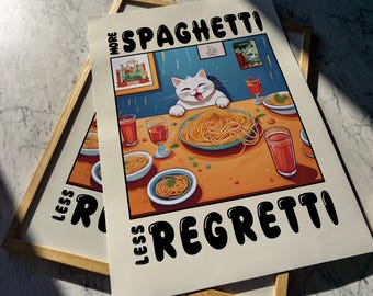 Cat & Spaghetti Art Print: Playful Kitchen Decor