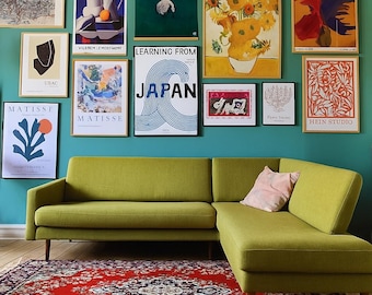 Mid-Century Modern Living Room Decor: Gallery Wall Art Prints, Olive Sofa