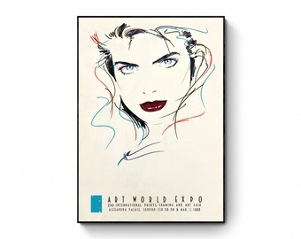 Dennis Mukai Art Poster, 1988 Fashion Illustration Print, Blue Eyes Red Lips Portrait, Minimalist Wall Art