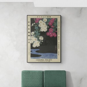 May include: A vintage Japanese woodblock print of chrysanthemums in shades of pink and white, with a flowing stream in the foreground. The print is titled "Japanese Woodblock Prints O. Koson (1877-1945)" and is from the Cassipoeia Fine Arts gallery in New York.