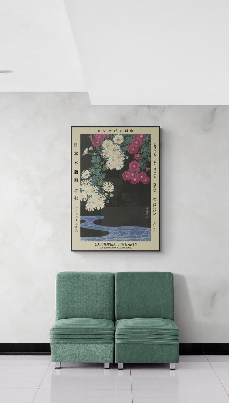 May include: A vintage Japanese woodblock print of chrysanthemums in shades of pink and white, with a flowing stream in the foreground. The print is titled "Japanese Woodblock Prints O. Koson (1877-1945)" and is from the Cassipoeia Fine Arts gallery in New York.