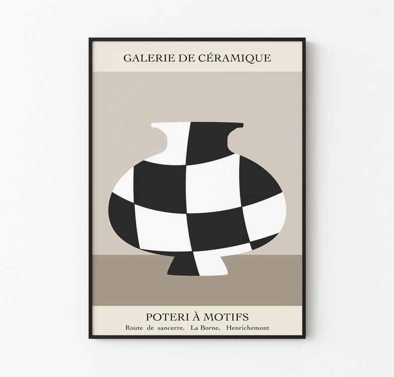 May include: A black and white checkered ceramic vase with a brown background. The text "GALERIE DE C&Eacute;RAMIQUE" is at the top of the poster and "POTERI &Agrave; MOTIFS" is at the bottom. The text "Route de sancerre, La Borne, Henrichemont" is below the title.